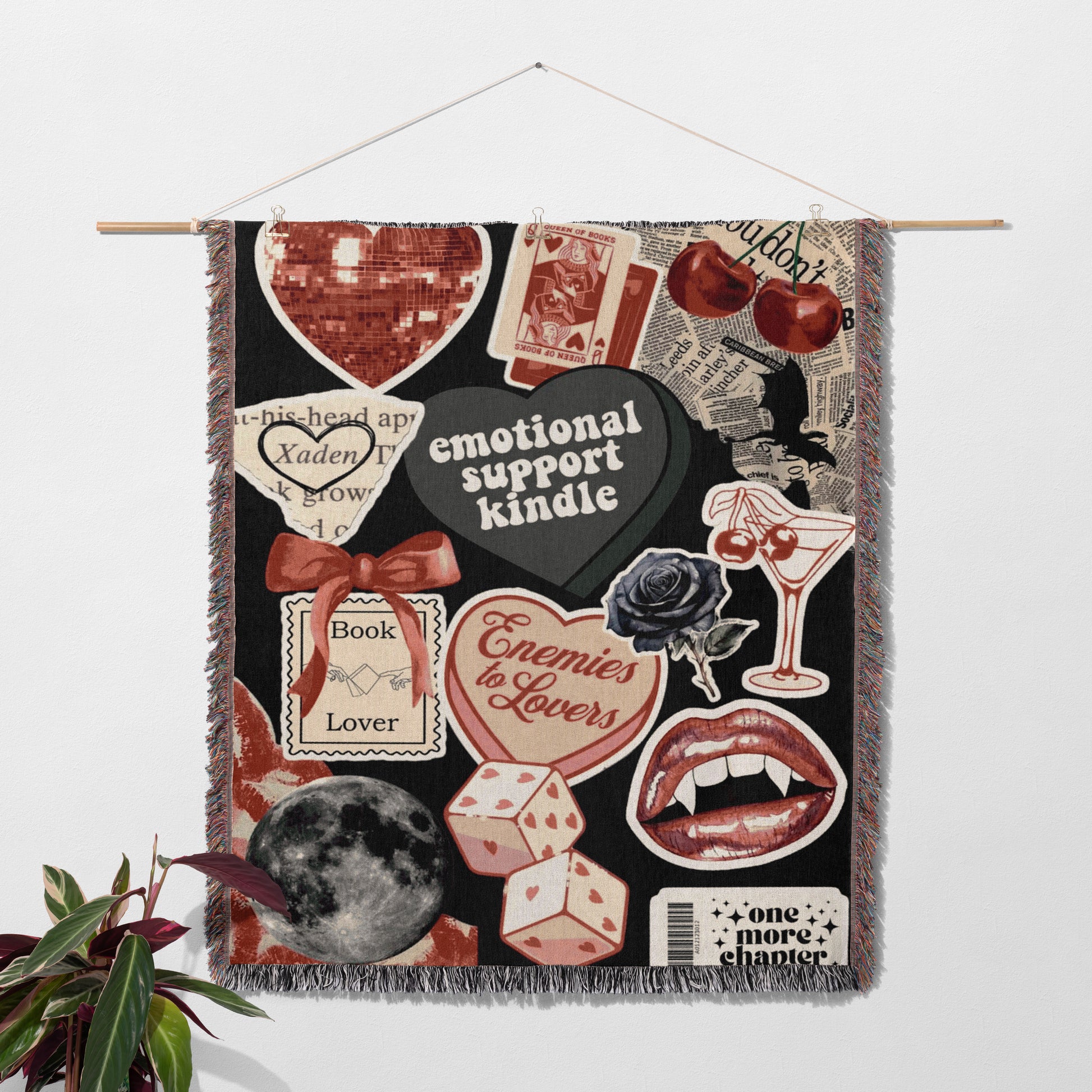 a tapestry hanging on a wall with a bunch of stickers on it