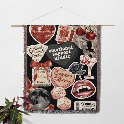 a tapestry hanging on a wall with a bunch of stickers on it