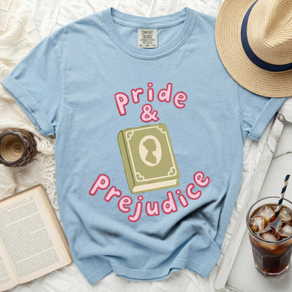 Light blue t-shirt with "Pride & Prejudice" and a book graphic.