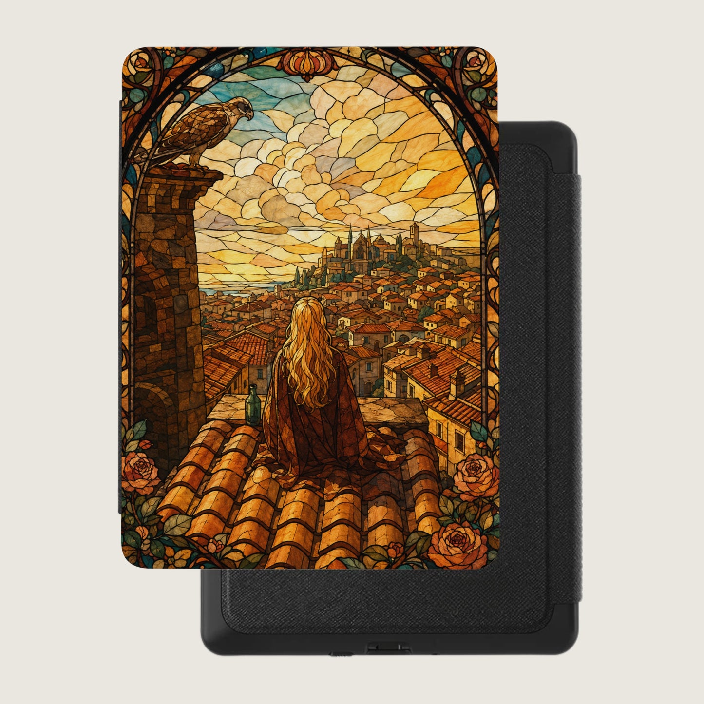 Stained glass design with a woman on a rooftop overlooking a city, on a black case.