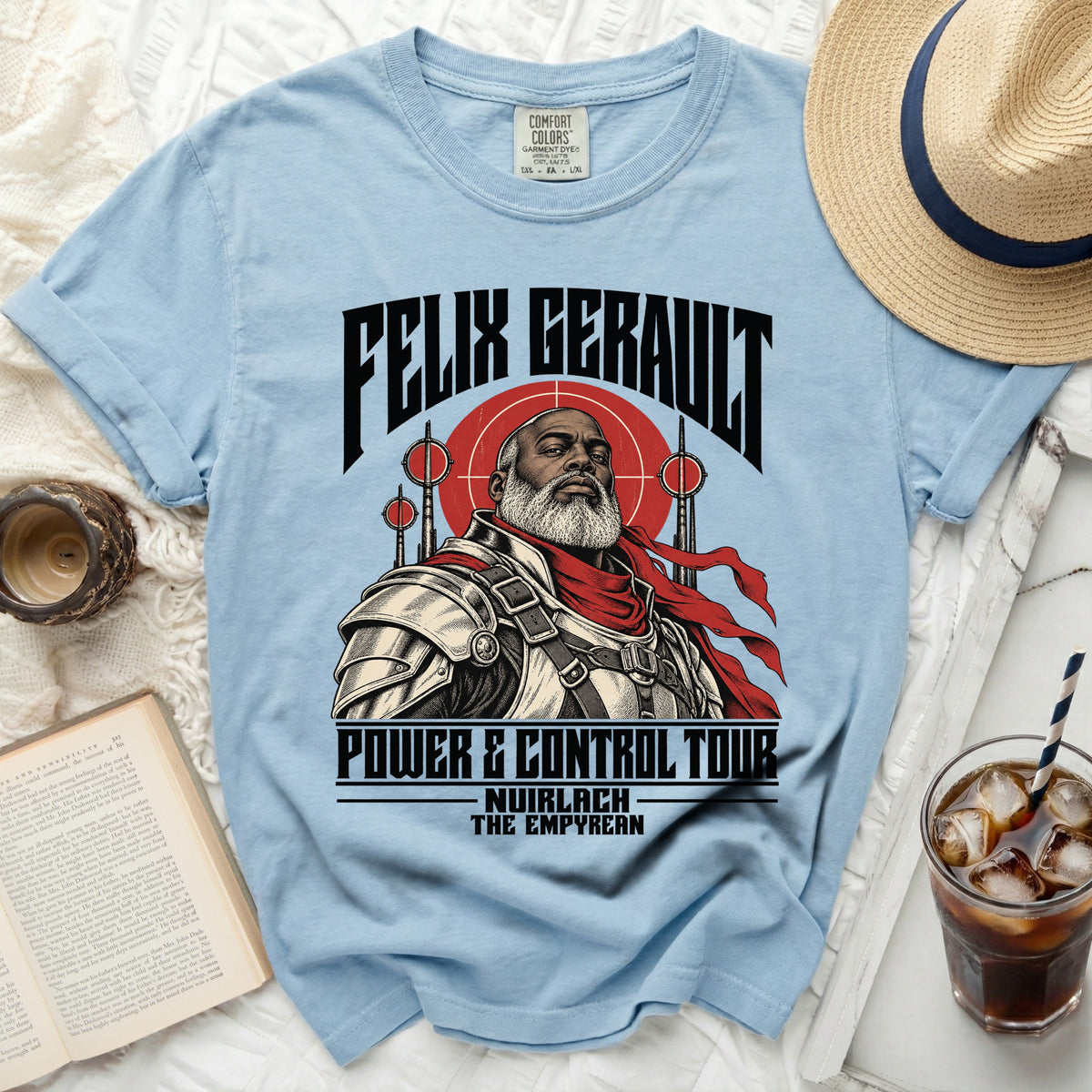 Light blue t-shirt with Felix Geralt art, "Power & Control Tour," and "Nuirach The Empyrean" text.