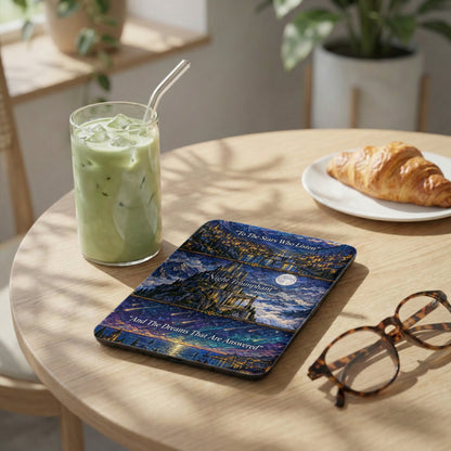 An e-reader with a stained glass style fantasy castle design rests on a wooden table beside a green iced drink, croissant, and glasses.