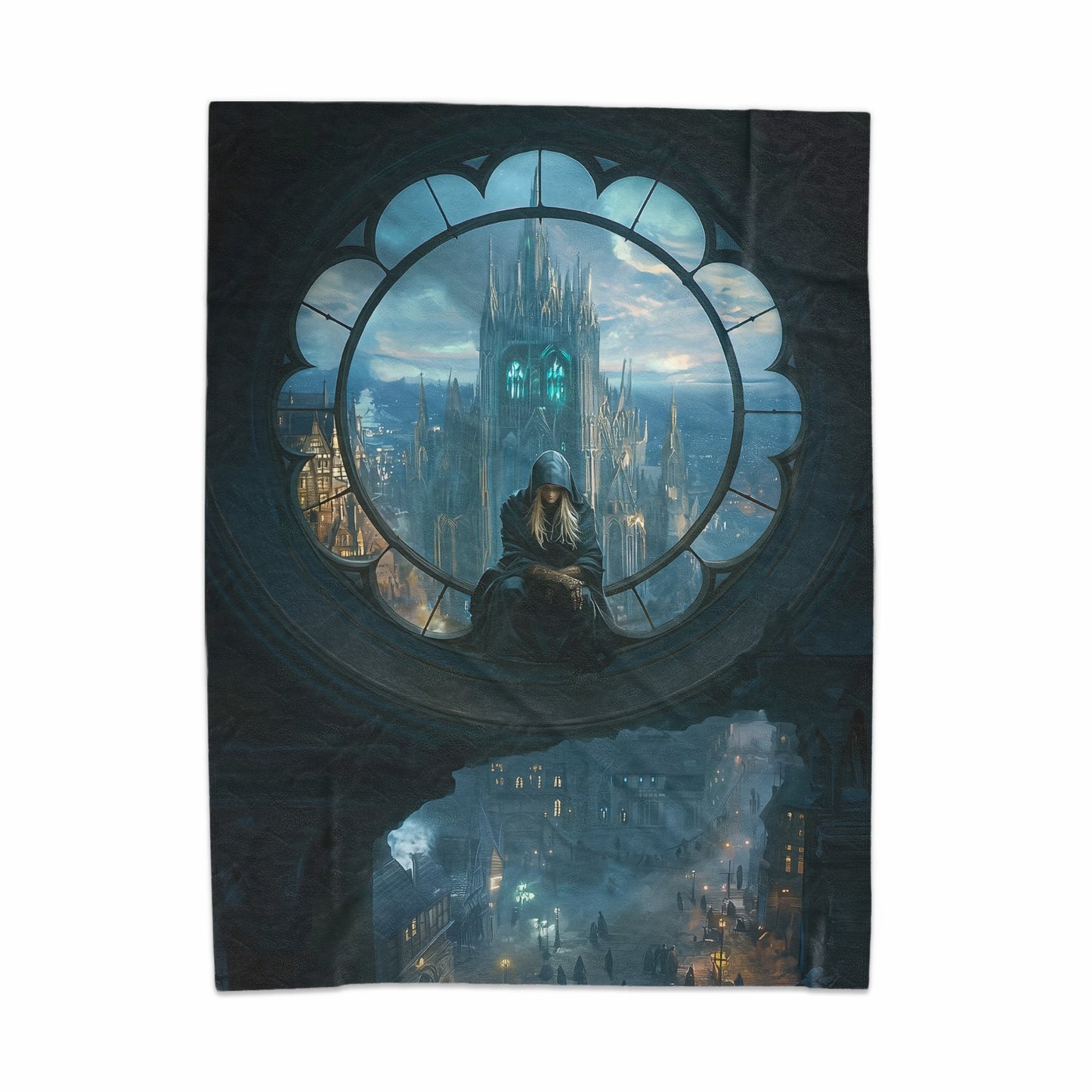Fantasy Castle in Night Scene with Mysterious Figure Blanket