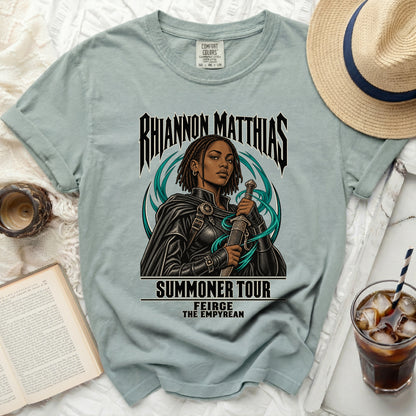 T-shirt with Rhiannon Matthias Summoner Tour graphic.