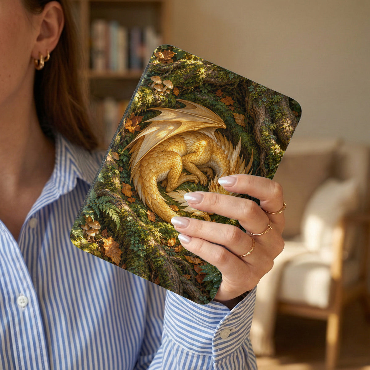 Gold dragon sleeping in a mossy forest with mushrooms and autumn leaves.