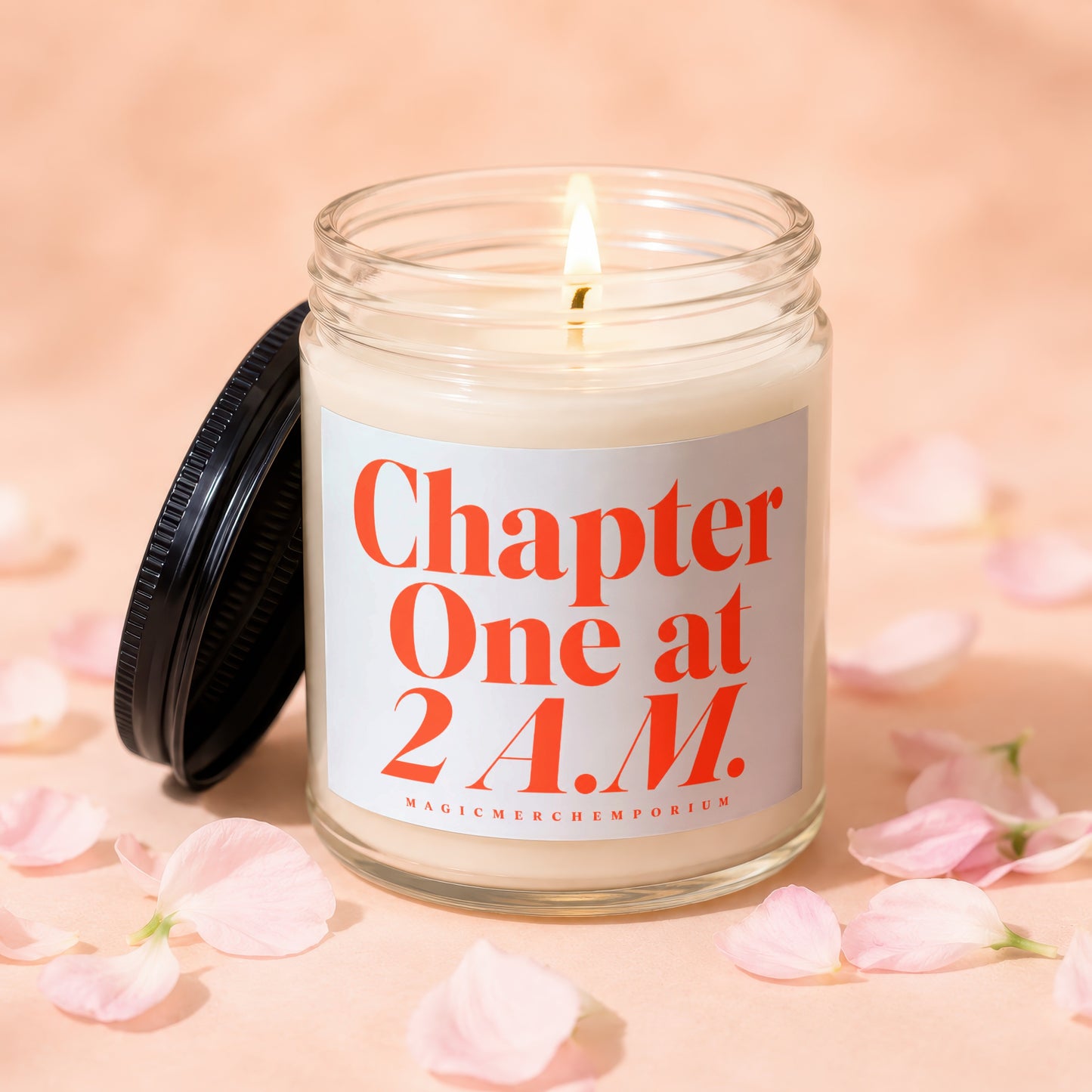Candle with lit wick, "Chapter One at 2 A.M." text, and pink petals.