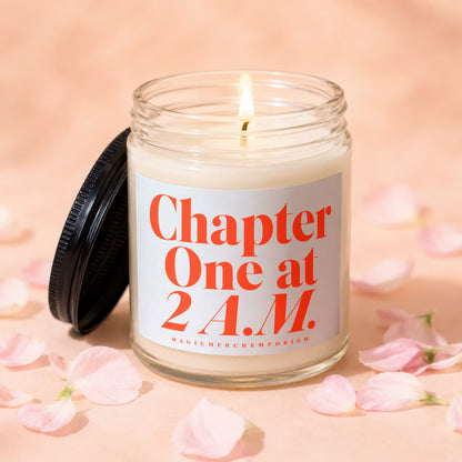 Candle with lit wick, "Chapter One at 2 A.M." text, and pink petals.