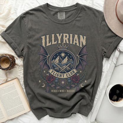 "Illyrian Flight Club" graphic t-shirt with wings, swords, mountains, and roses.