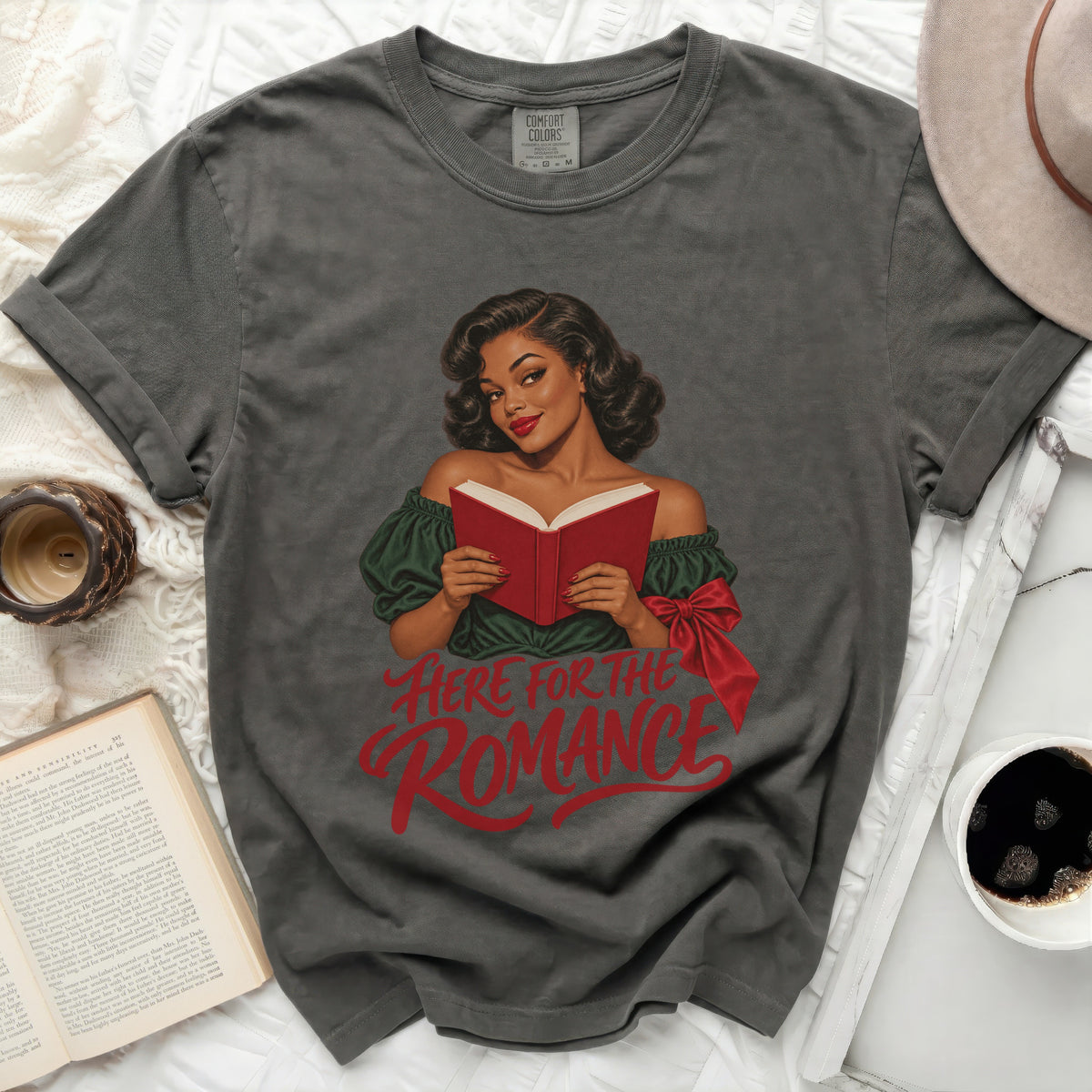Gray t-shirt with "Here for the Romance" text and vintage woman reading.