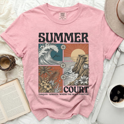 Pink t-shirt with "SUMMER COURT" and beach-themed graphic.