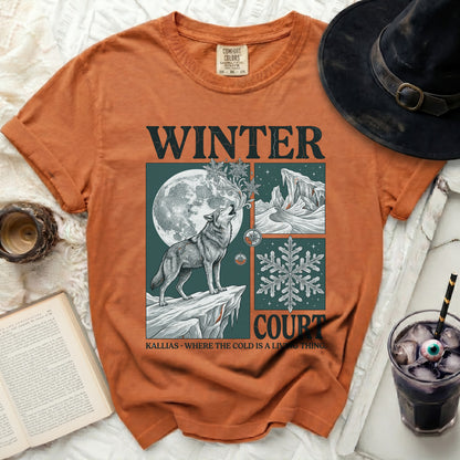 Orange t-shirt with "WINTER COURT KALLIAS" and wolf graphic.