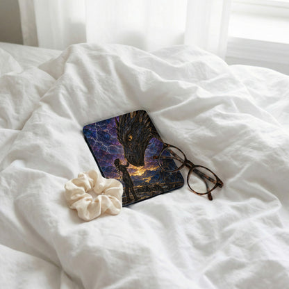 Case with dragon and person artwork, glasses, and scrunchie on white bedding.