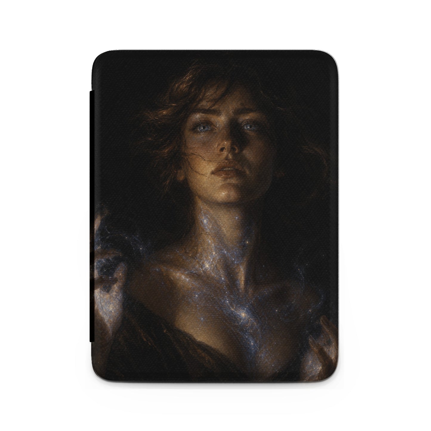 E-reader sleeve with a woman's face and stardust flowing from her neck.