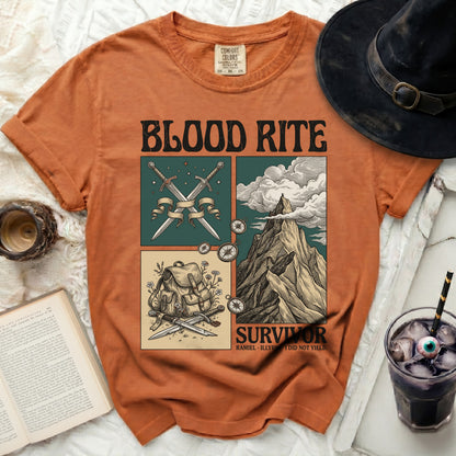Orange t-shirt with "Blood Rite Survivor" graphic and illustrations.