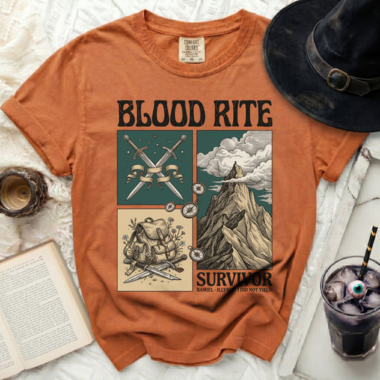 Orange t-shirt with "Blood Rite Survivor" graphic and illustrations.