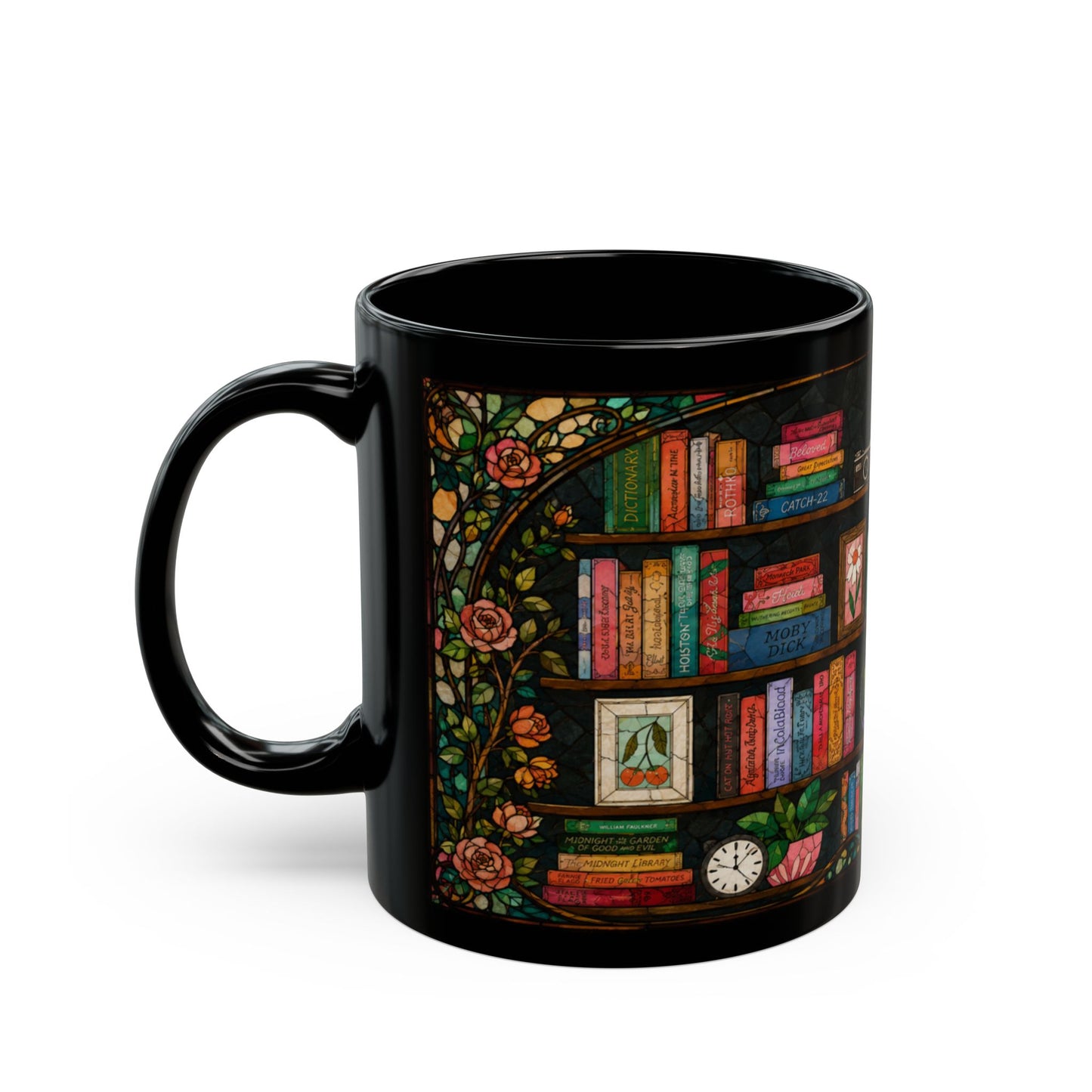 Black mug with a stained glass design of a bookshelf filled with books and roses.