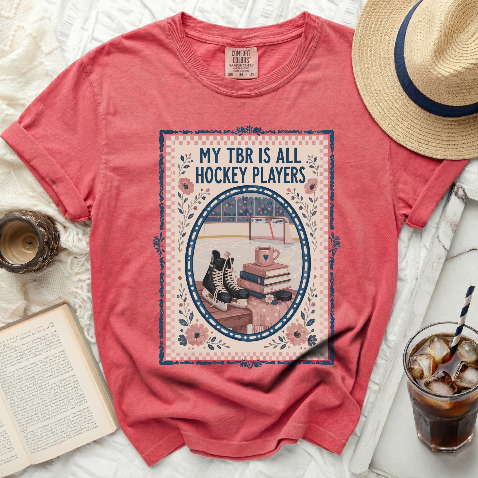 T-shirt with hockey rink, skates, books, and text "MY TBR IS ALL HOCKEY PLAYERS".
