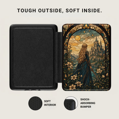 Black case with soft interior and stained-glass design featuring a castle and woman.