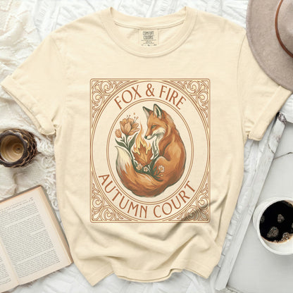 Cream t-shirt with "Fox & Fire Autumn Court" circular graphic.