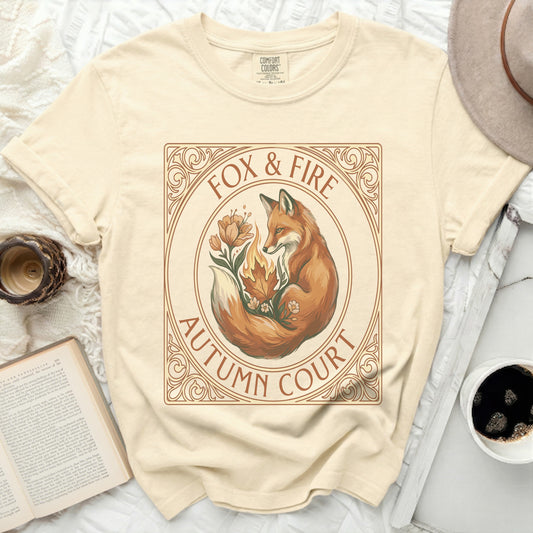 Cream t-shirt with "Fox & Fire Autumn Court" circular graphic.