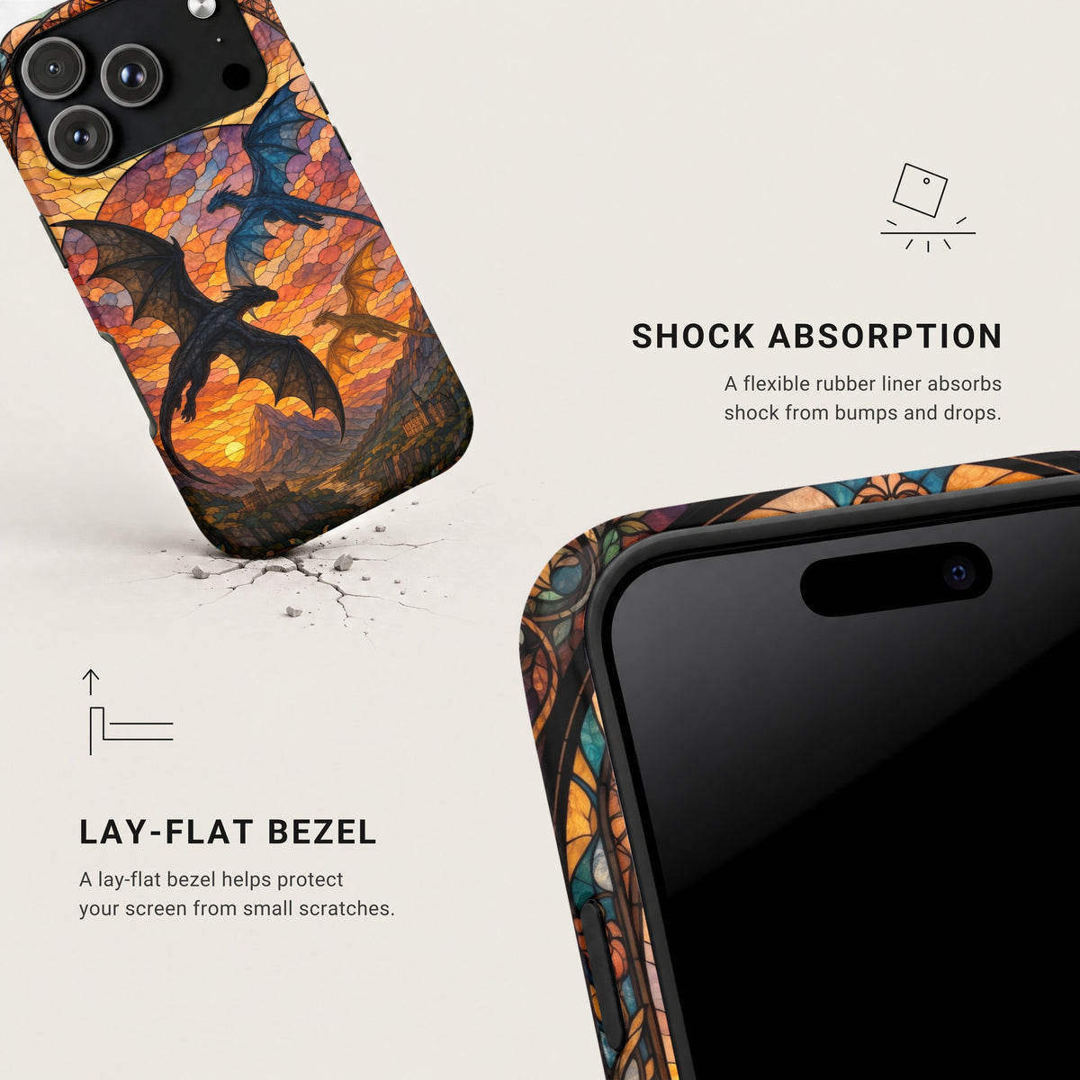 Phone case featuring a stained glass dragon design with shock absorption and lay flat bezel features.
