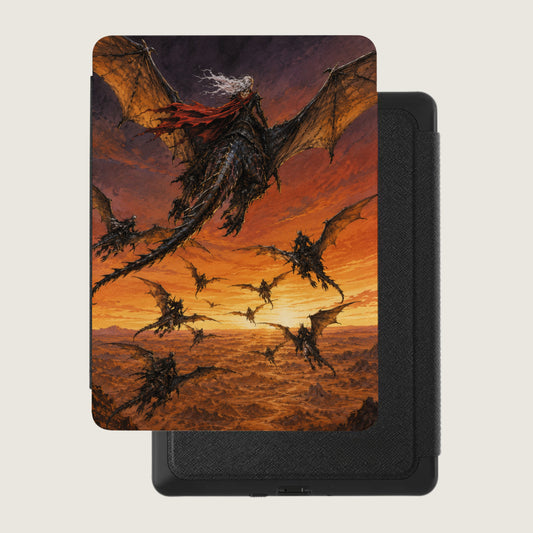 Illustration of a rider on a dragon leading a horde of dragons under a fiery sky.