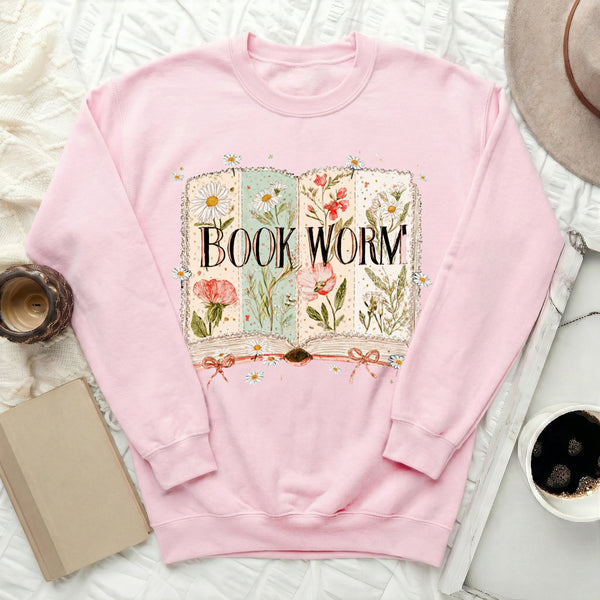 Floral Book Worm Sweatshirt in Light Pink