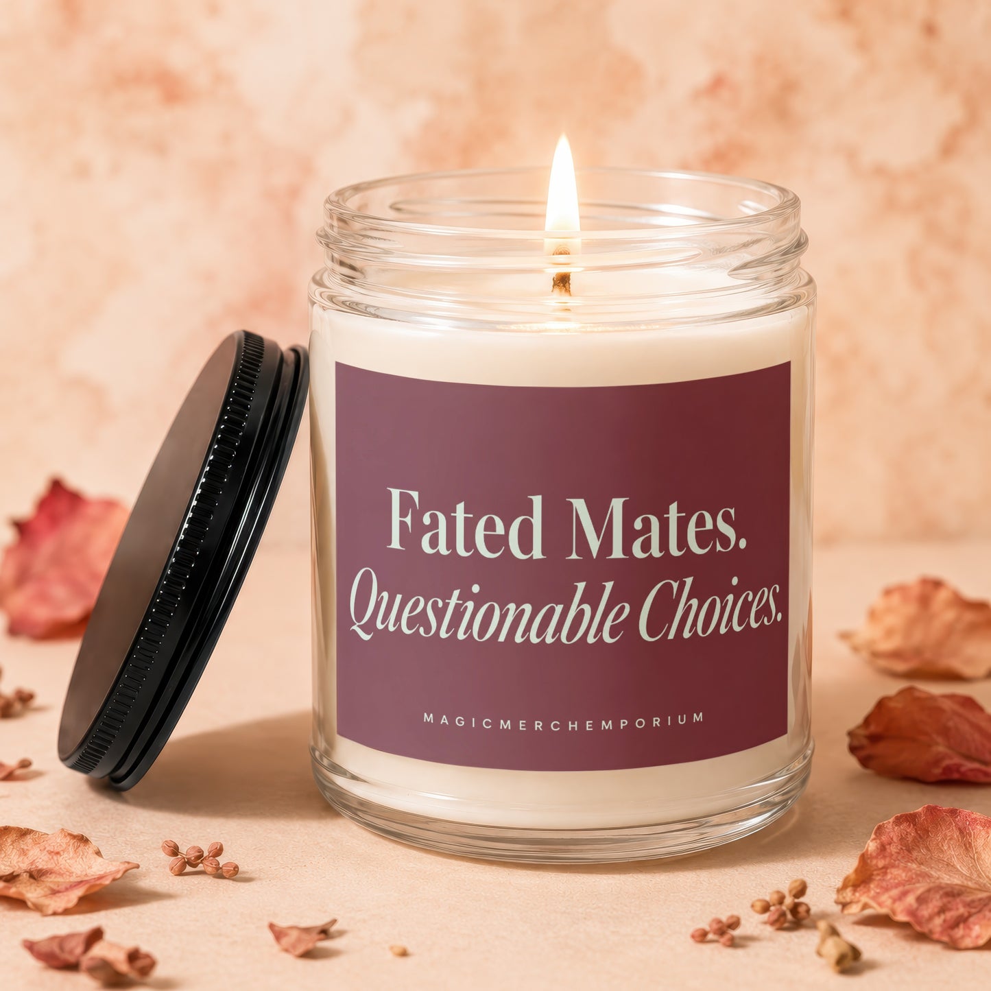 Candle with label "Fated Mates. Questionable Choices." and "MAGICMERCHTEMPORIUM".