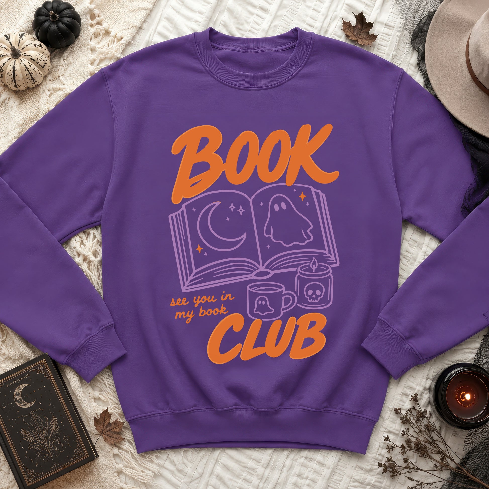 Purple sweatshirt with Halloween graphic: "BOOK see you in my book CLUB".