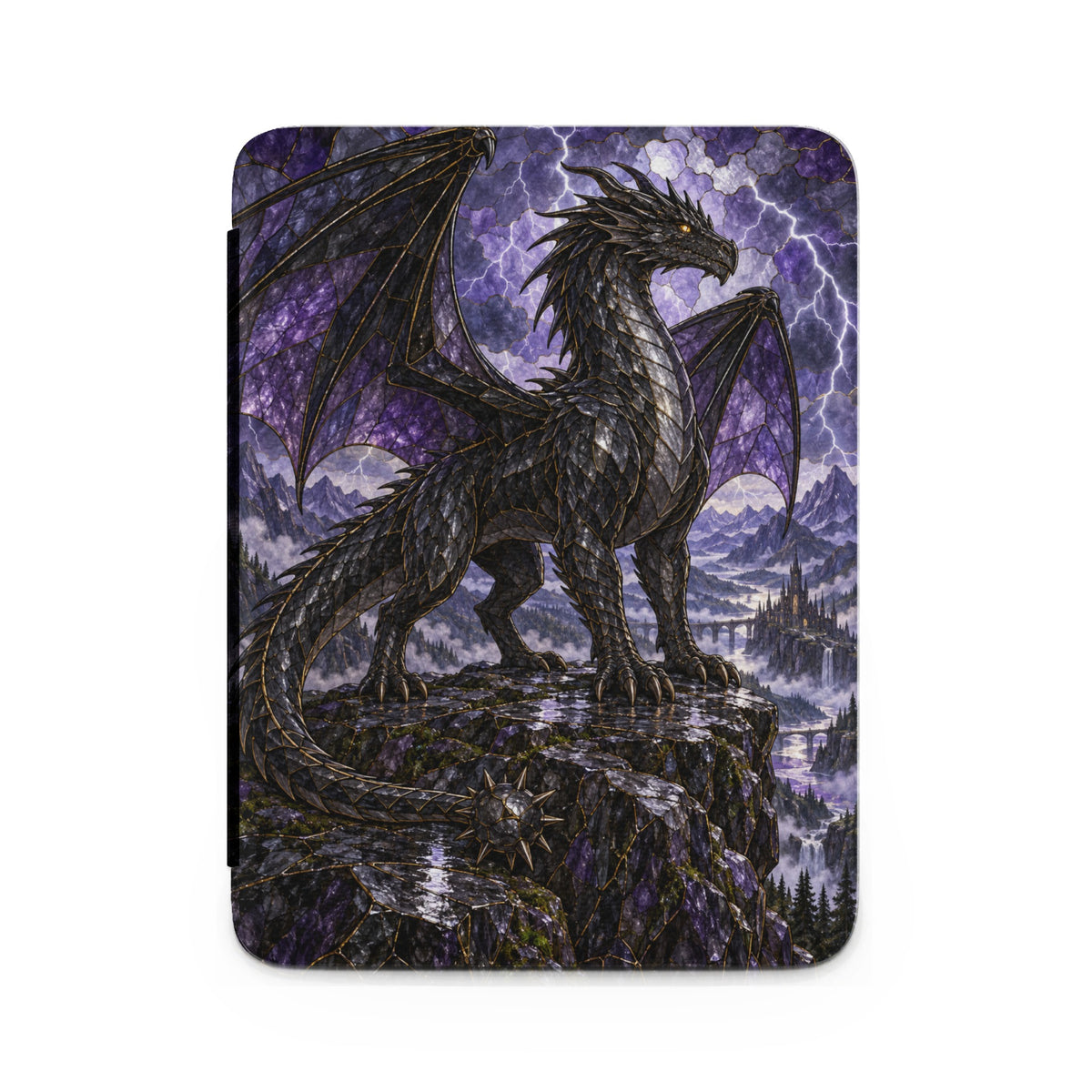 Black dragon perched on a cliff overlooking a castle and waterfall.