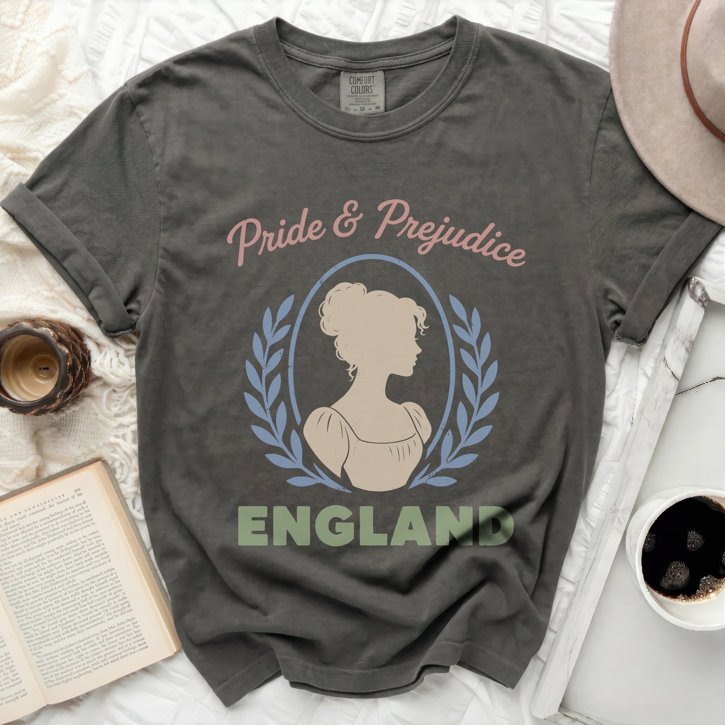 Grey t-shirt with Pride and Prejudice artwork and "ENGLAND" text.