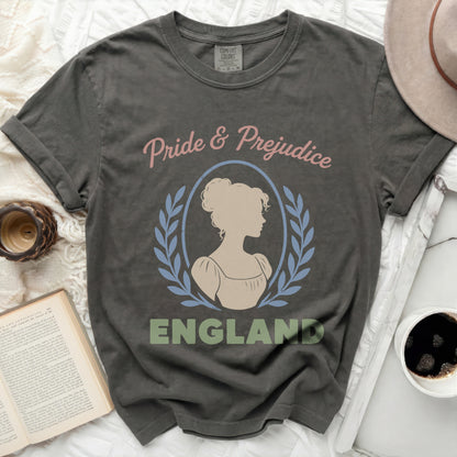 Grey t-shirt with Pride and Prejudice artwork and "ENGLAND" text.