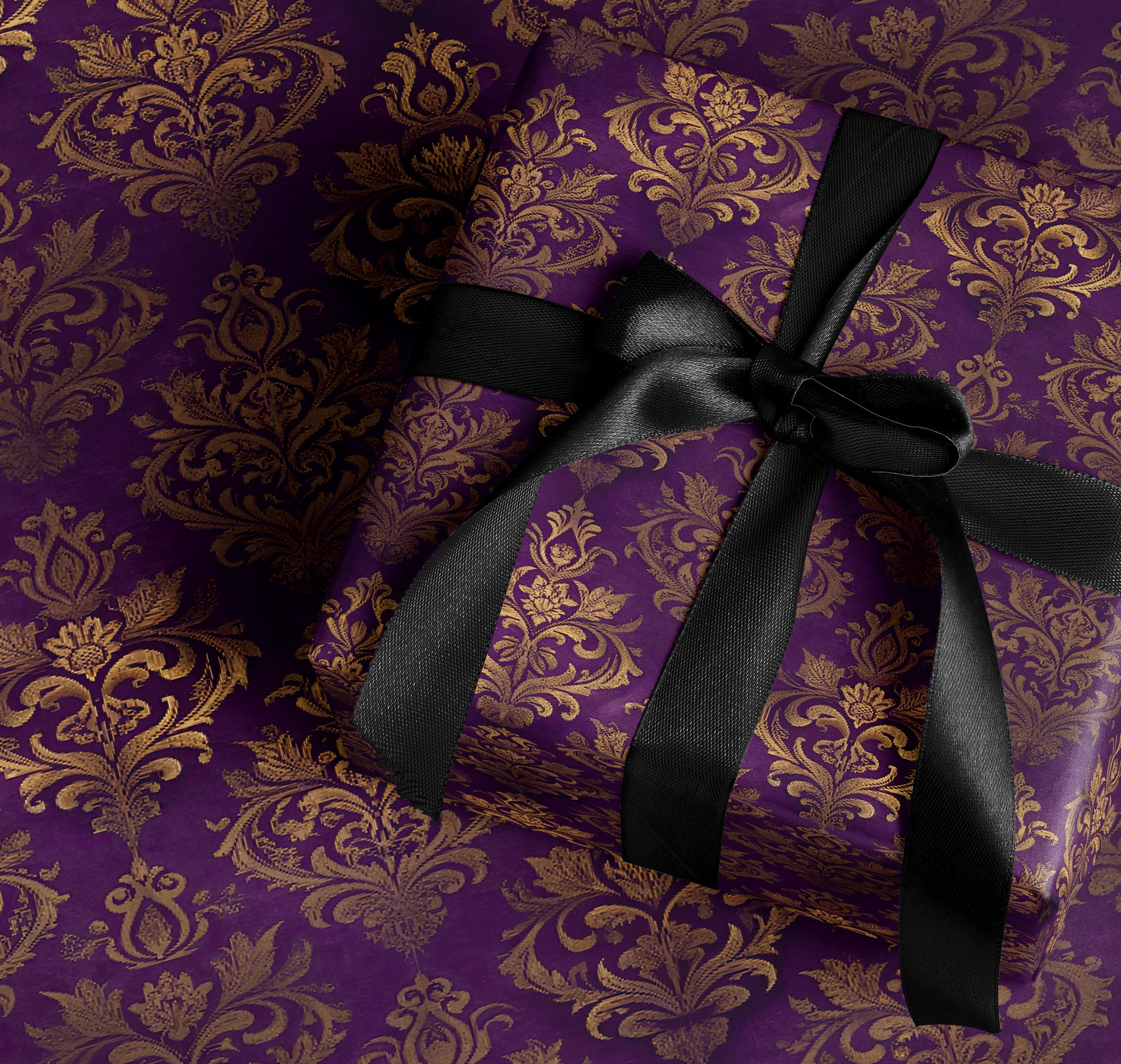 Elegant Purple and Gold Gift Wrap with Black Ribbon