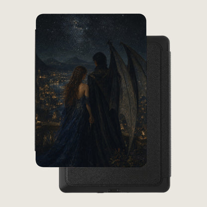 Winged figure and woman looking over a starry city on an e-reader cover.