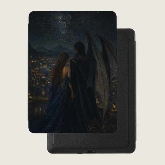 Winged figure and woman looking over a starry city on an e-reader cover.