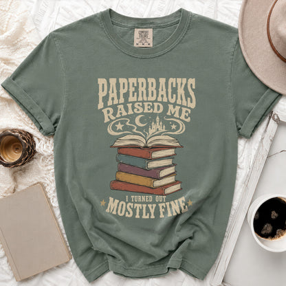 T-shirt with "Paperbacks Raised Me" and a stack of books.