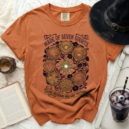 Orange t-shirt with "Made of Seven Courts" and "Feyre Archeron High Lady Prythian" text.
