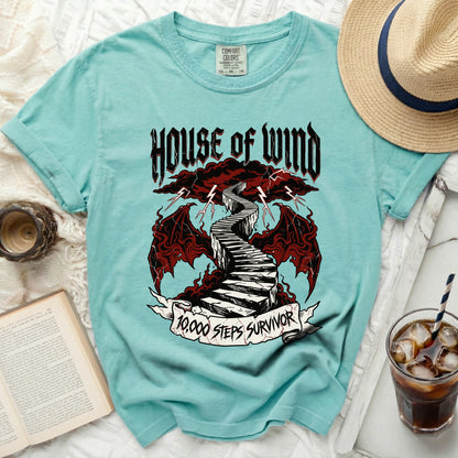 Teal t-shirt with "House of Wind" and "10,000 Steps Survivor" graphic.