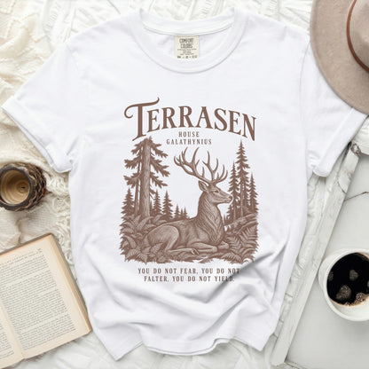White t-shirt with Terrasen House Galathynius graphic and quote.