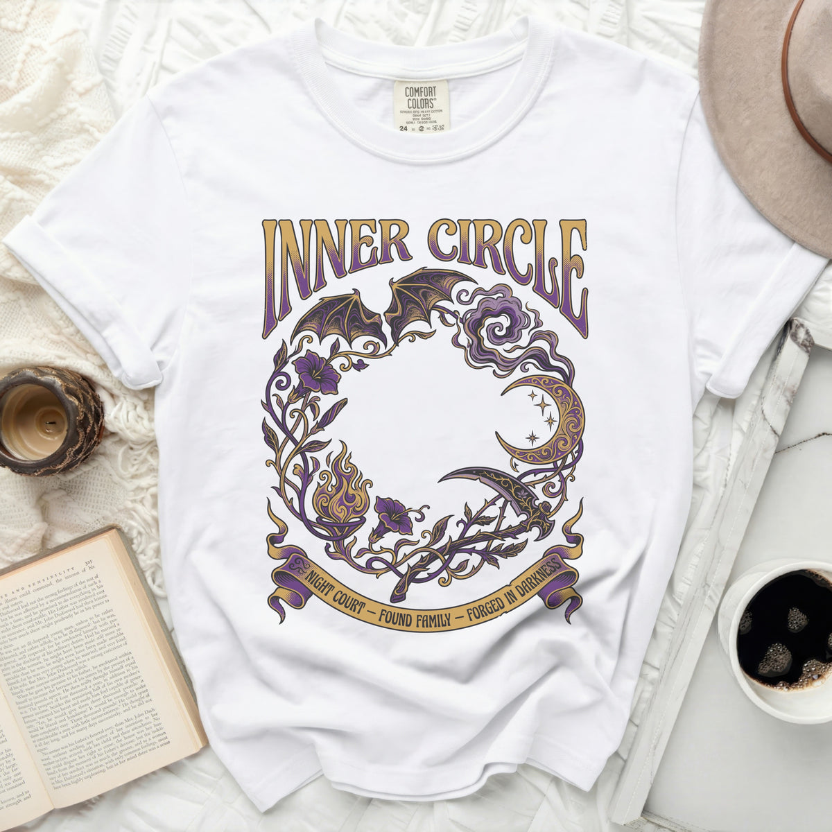 White t-shirt with "Inner Circle - Night Court - Found Family - Forged in Darkness" text and gothic design.