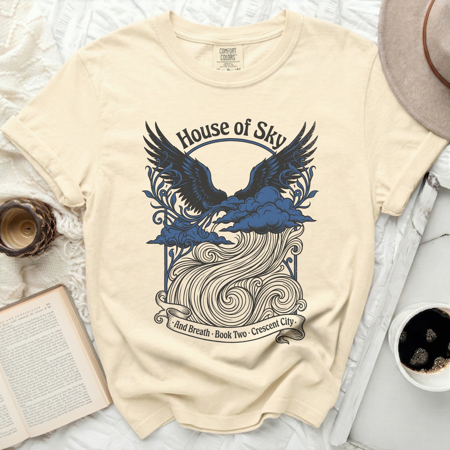 Cream t-shirt with House of Sky and Breath Book Two Crescent City design.