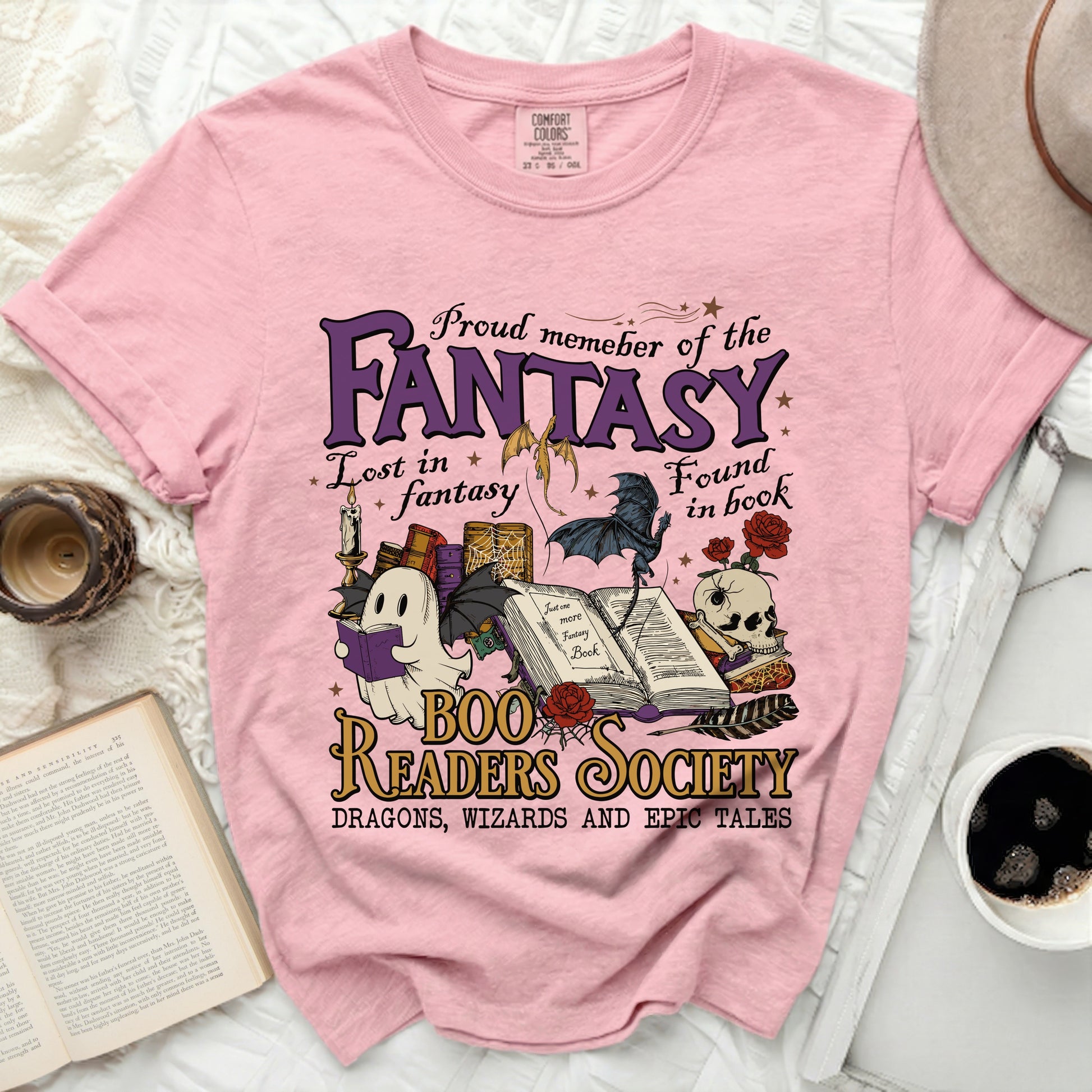Pink t-shirt with "Proud member of the Fantasy Boo Readers Society" graphic.