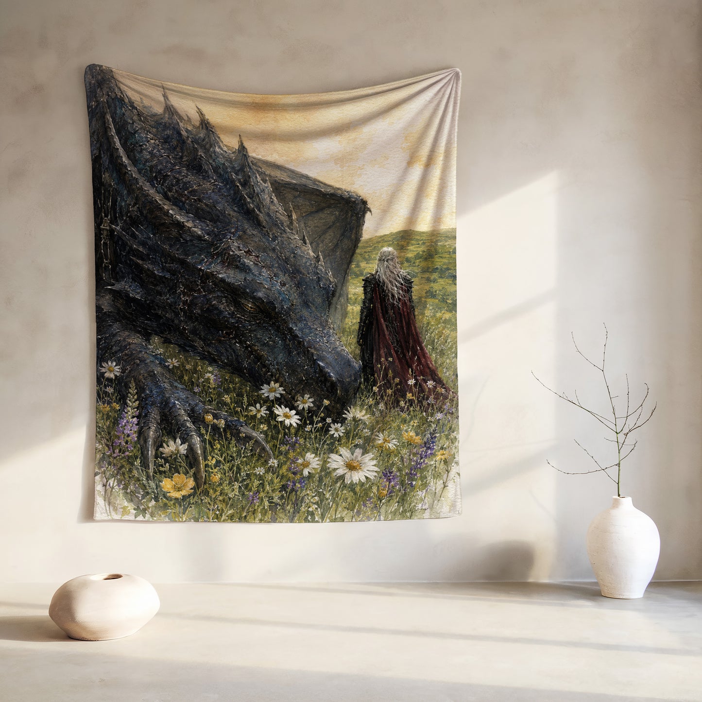 Tapestry with dragon and person in a field of flowers.