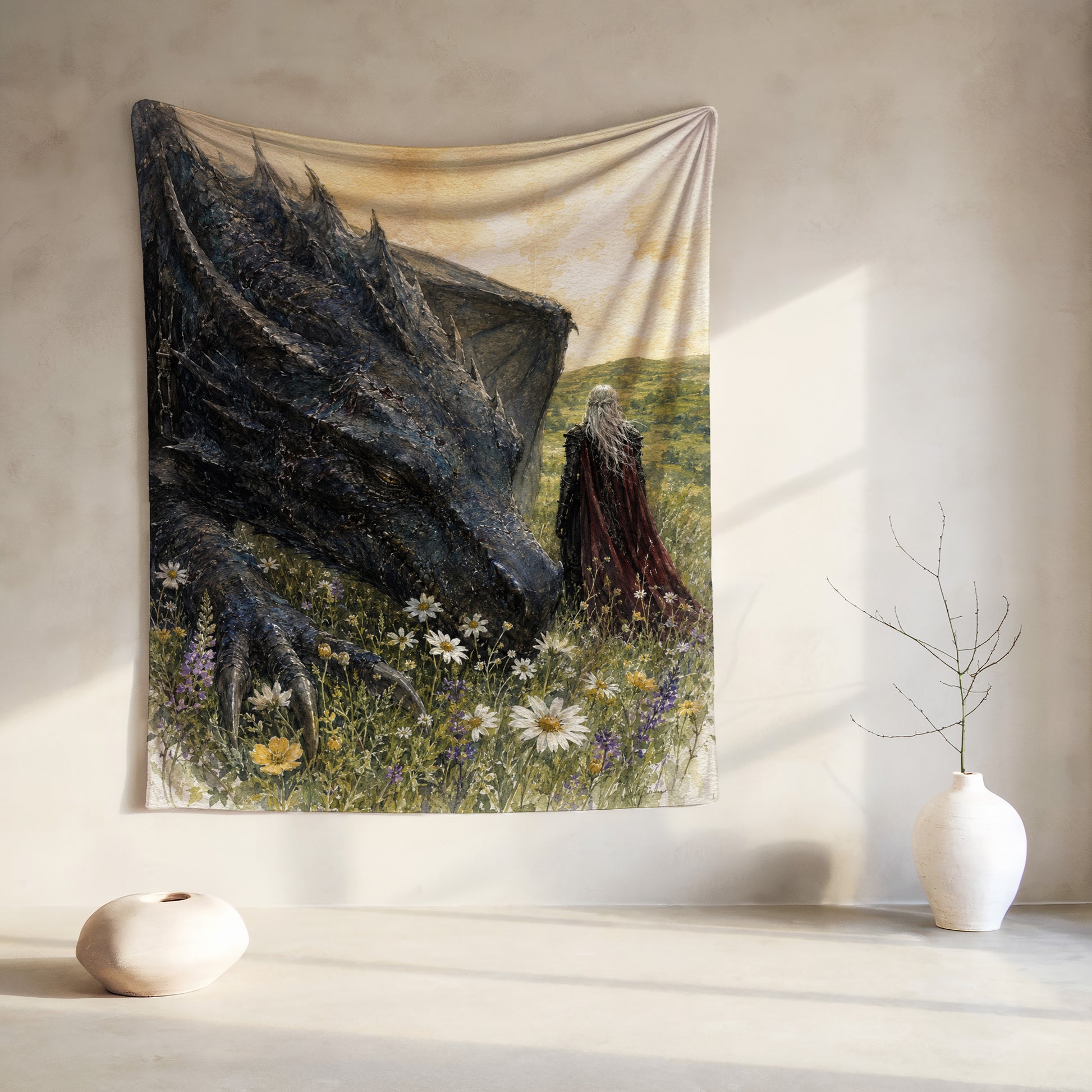 Tapestry with dragon and person in a field of flowers.
