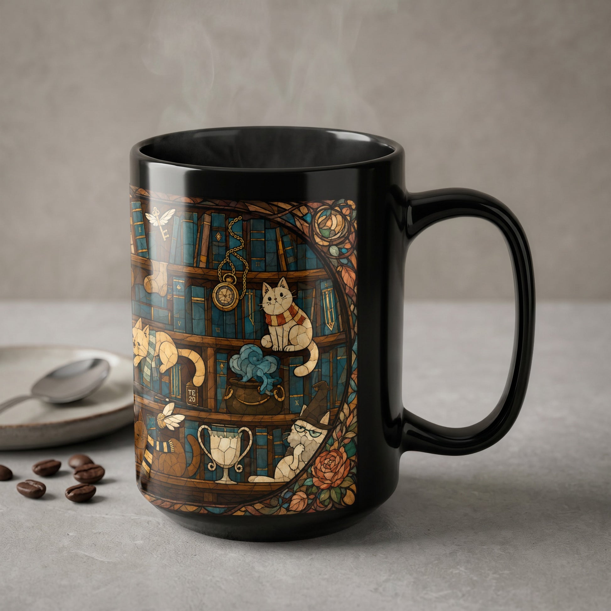 Black mug with stained glass design featuring cats, books, and wizardry elements.