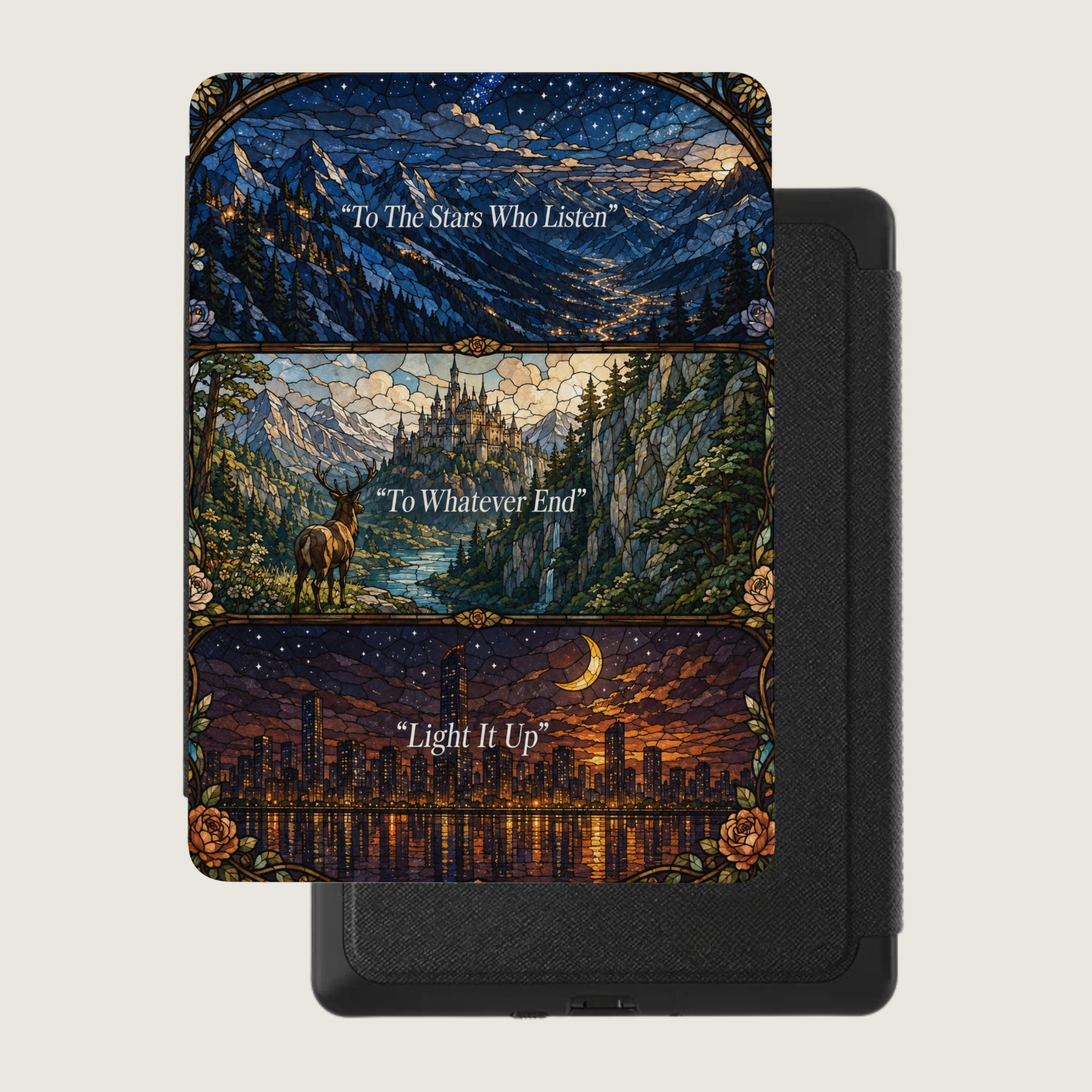Three stained-glass style panels: mountains, castle, and city skyline, with text.