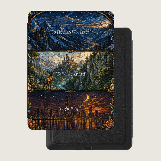 Three stained-glass style panels: mountains, castle, and city skyline, with text.