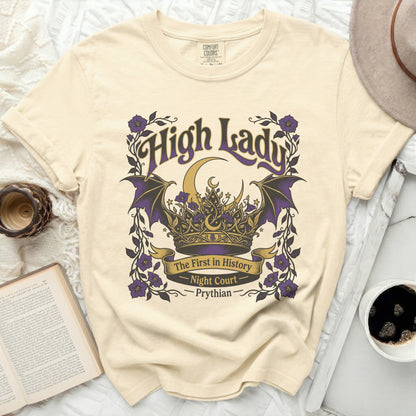 Cream t-shirt with "High Lady The First in History Night Court Prythian" graphic.