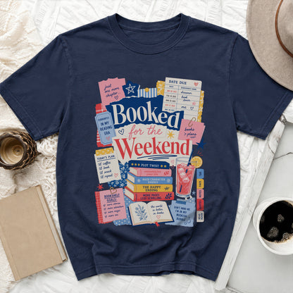 Navy t-shirt with "Booked for the Weekend" graphic and reading-themed collages.