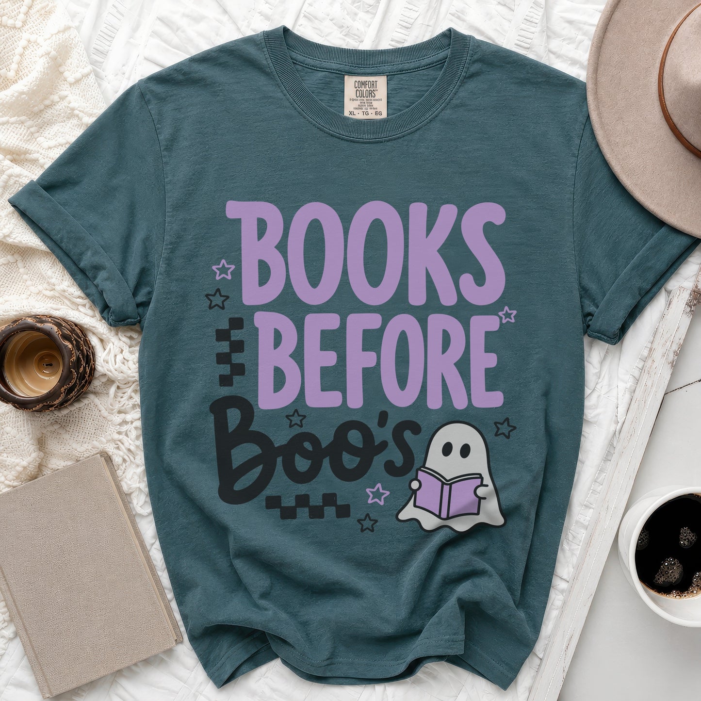 Teal t-shirt with "Books Before Boo's" text and ghost graphics.